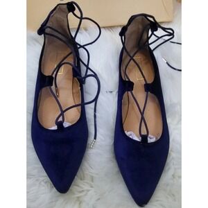 Yoki Womens Velvet Ballet Flats Lace-up W Pointed Toe Navy Blue Size 9